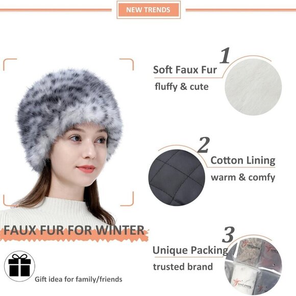 Women\'s Gray Leopard Winter Faux Fur Cossak Russian Style Hat Warm Cap main image 4